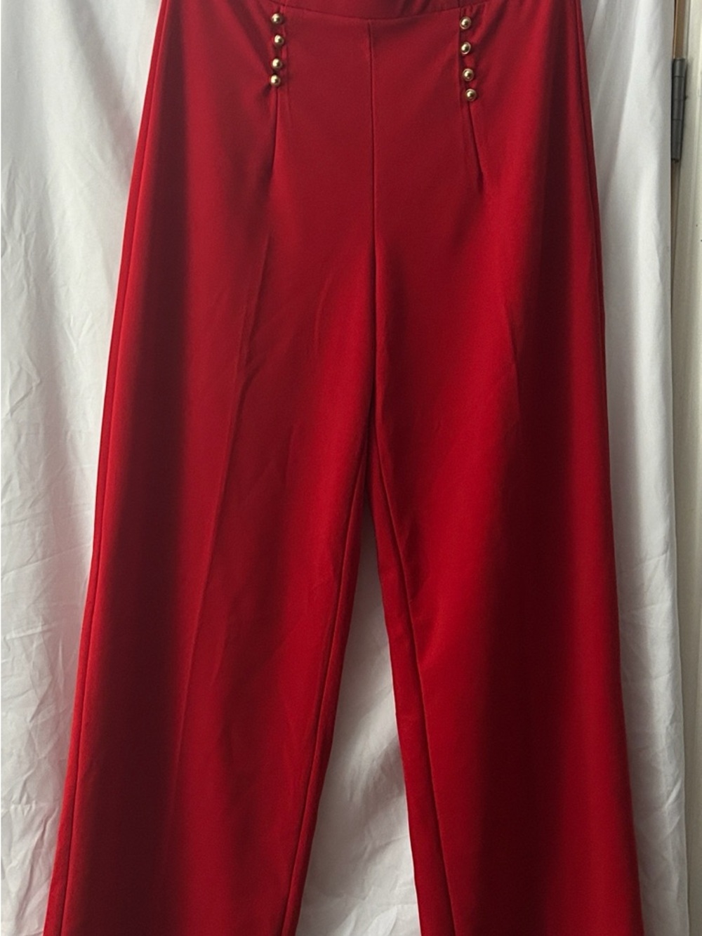 Red High-Rise Wide Leg Pants with Gold Button Detail